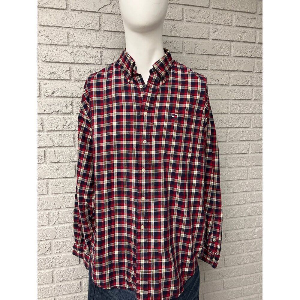 Tommy Hilfiger Men Red Plaid Long Sleeve Shirt Size XL